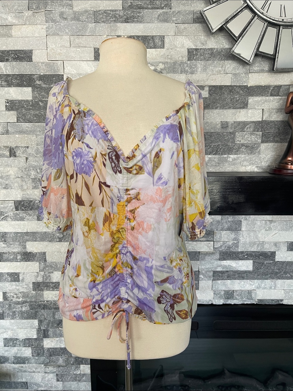 Inc International Concepts Women's Purple Ruched Front Mesh Top Size XL